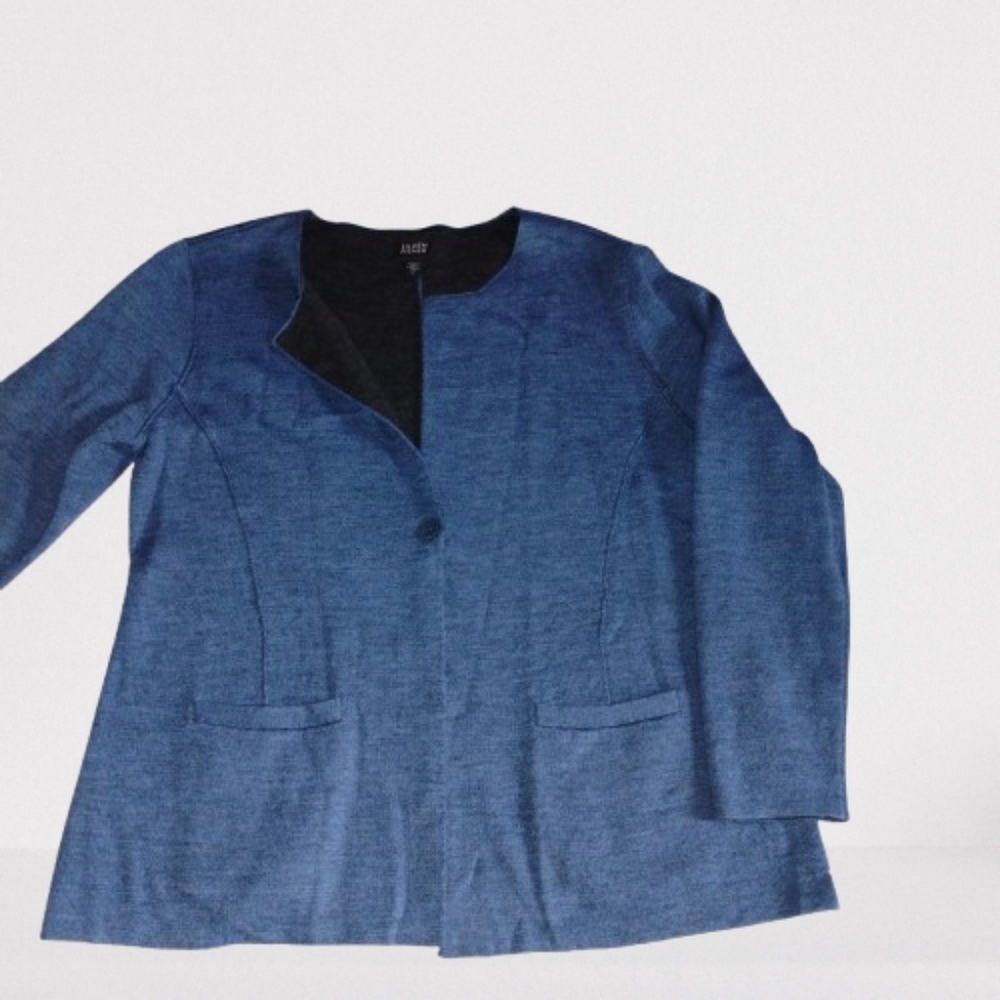 Eileen Fisher Merino Wool Jacket Blue Black Contrast Size S Runs Big